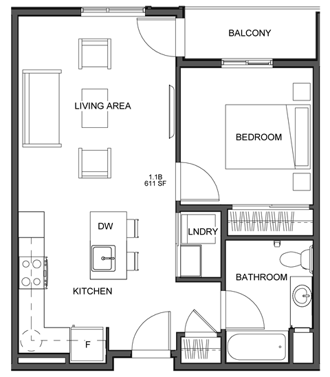 Floor plan for 1 bed, 1 bath, 491 sqft